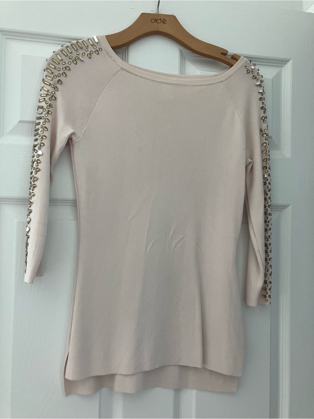 Cache Blush Cream Three Quarter Sleeve Sweater with Gold Sleeve Embellishments